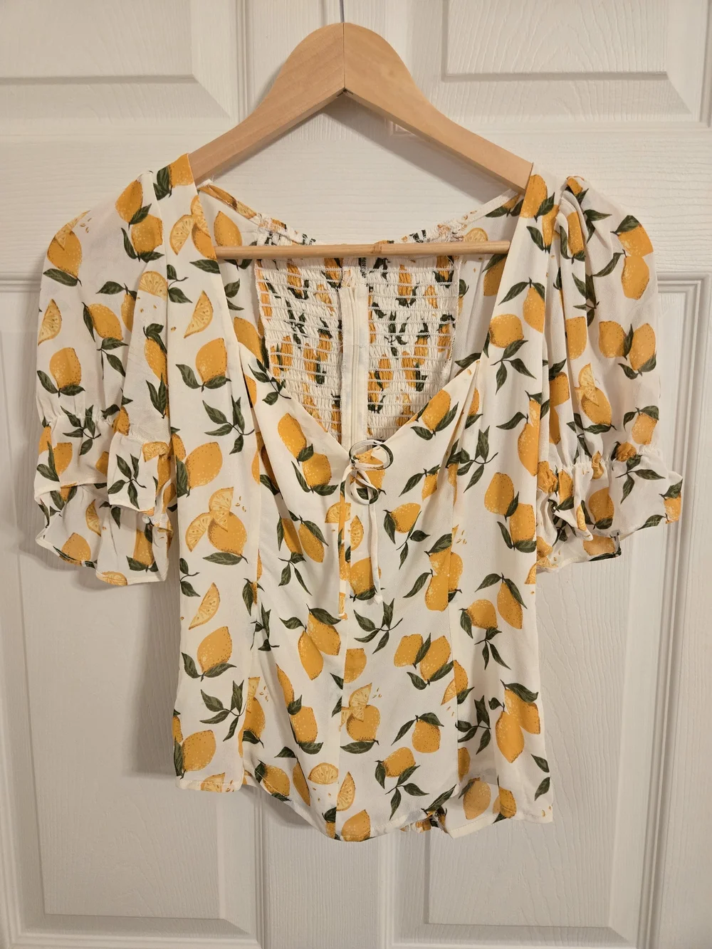 Reformation Lemon-Print Puff Sleeve Top - White, Yellow Size 6
